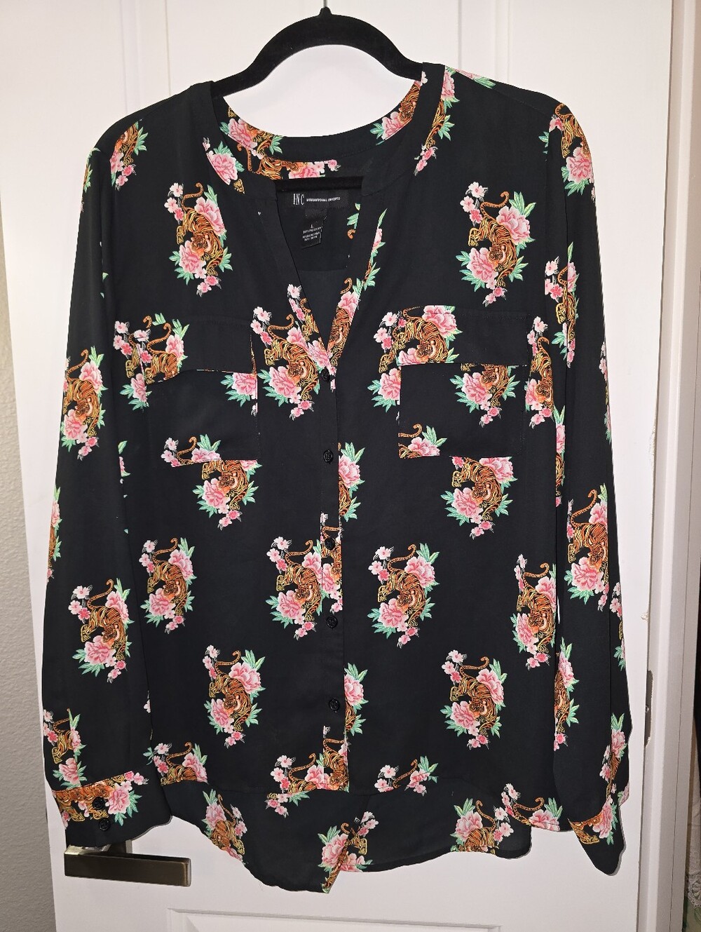 INC International Concepts Tiger & Peony Floral Blouse Black Size Large